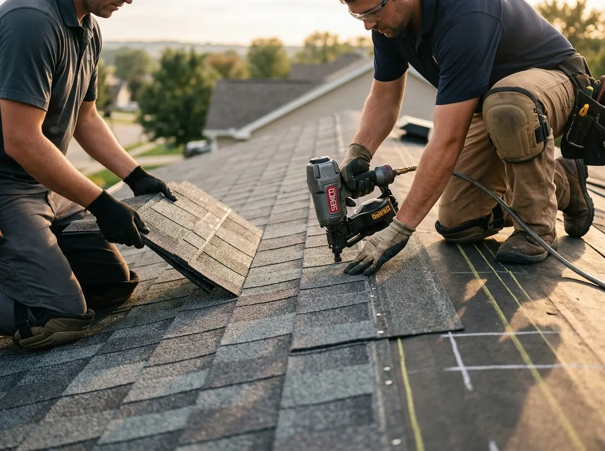 Professional roofer working on a residential roof in Carolina Beach